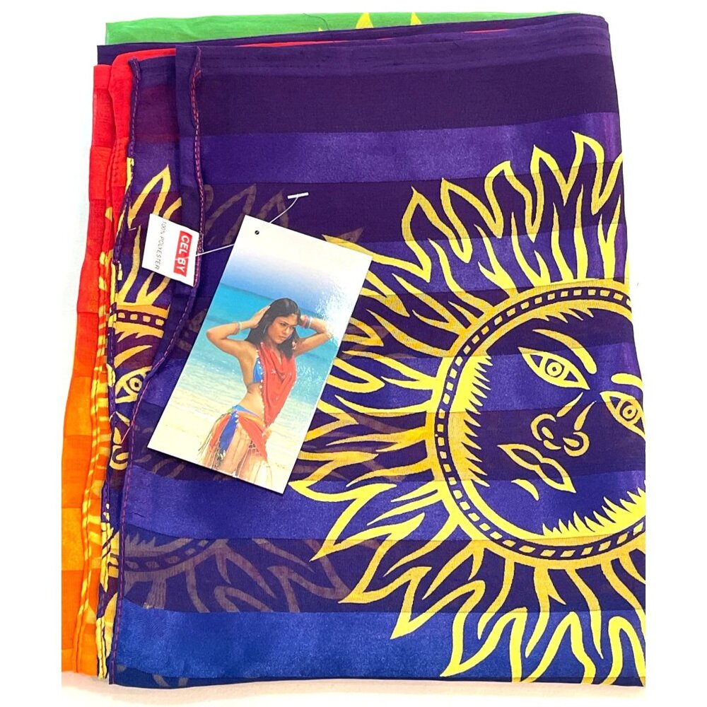 VTG 90s Boho Celestial Sun Sarong Rainbow Stripe Swimsuit Beach Cover up Wrap - Picture 2 of 12